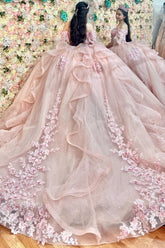 Pink Tulle Quinceanera Dress Off-Shoulder Ball Gown with 3D Flower Appliques Beaded Crystal Ruffles & Sleeveless Design for Sweet 16 Formal Evenings & Birthday Parties